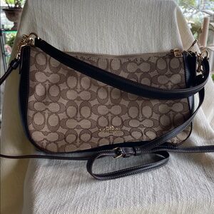 Coach Brown Signature Canvas Shoulder Bag with Black Trim